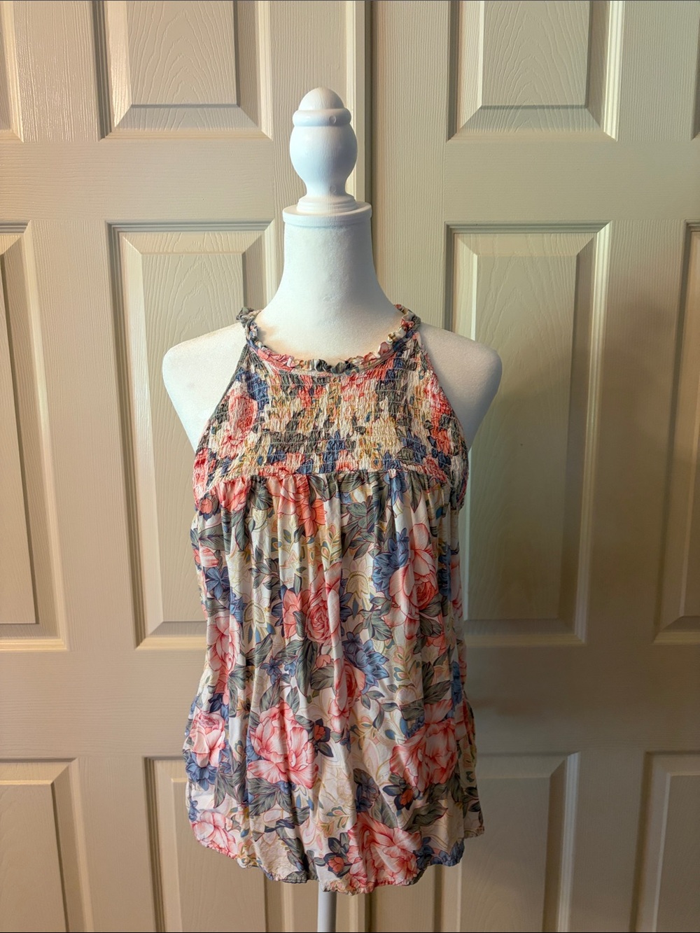 Kenar Floral Smocked Halter Top in Cream, Pink & Blue